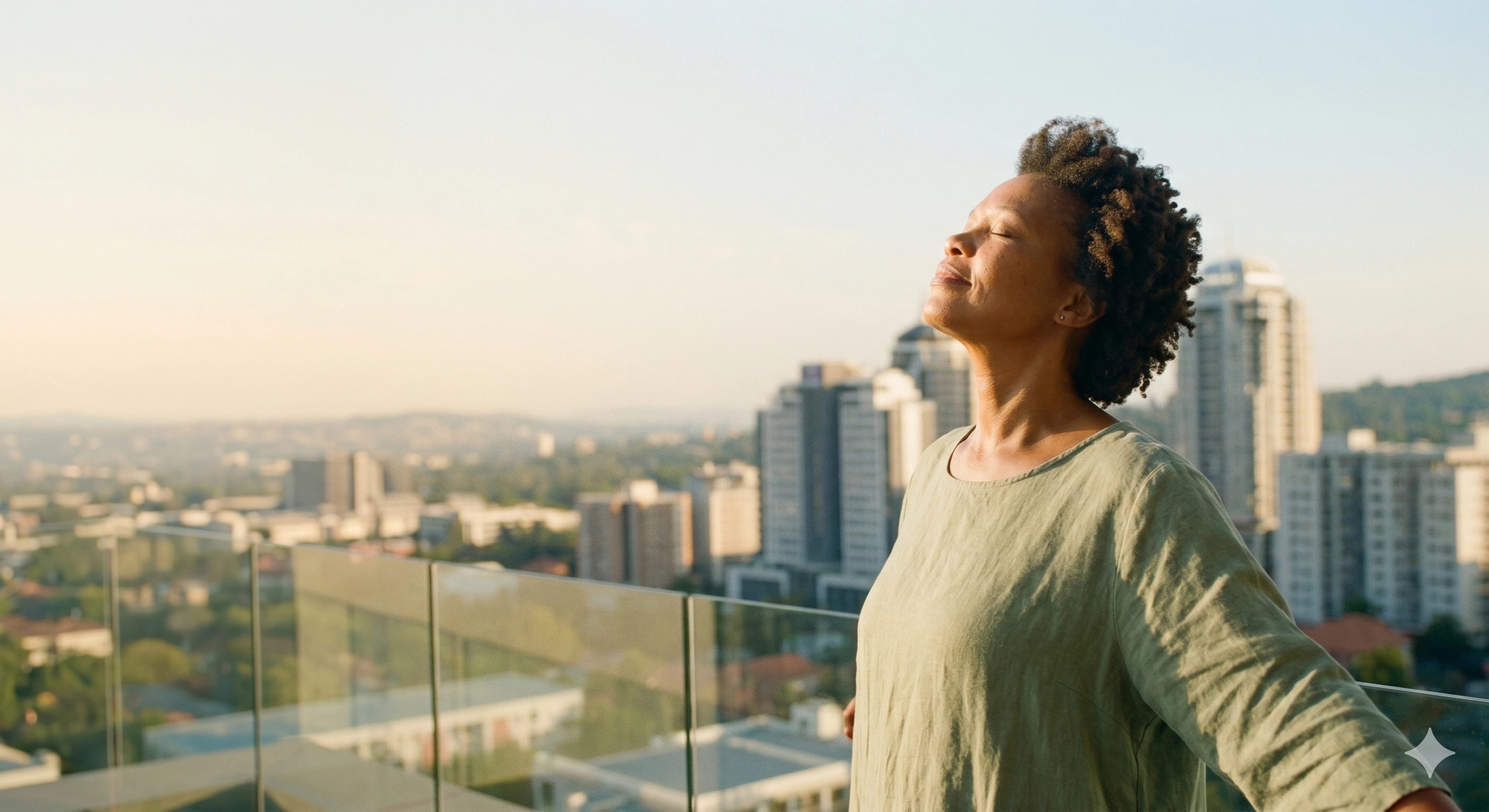 A woman standing on her balcony at sunrise, arms open, the city behind her