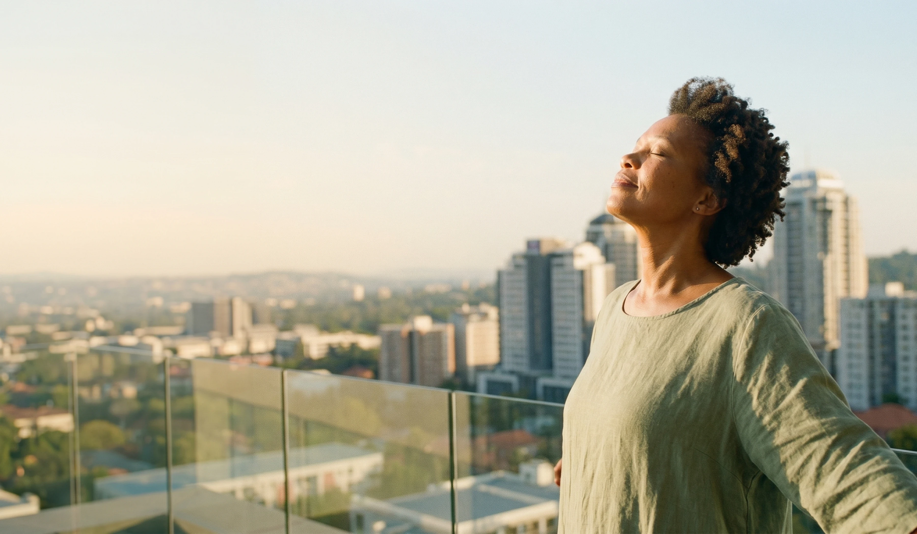A woman standing on her balcony at sunrise, arms open, the city behind her